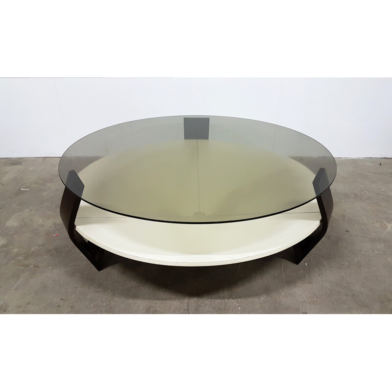 Mid-century Space age coffee table in plywood and smoked glass - 1970s