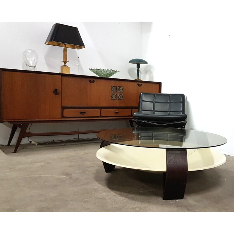 Mid-century Space age coffee table in plywood and smoked glass - 1970s
