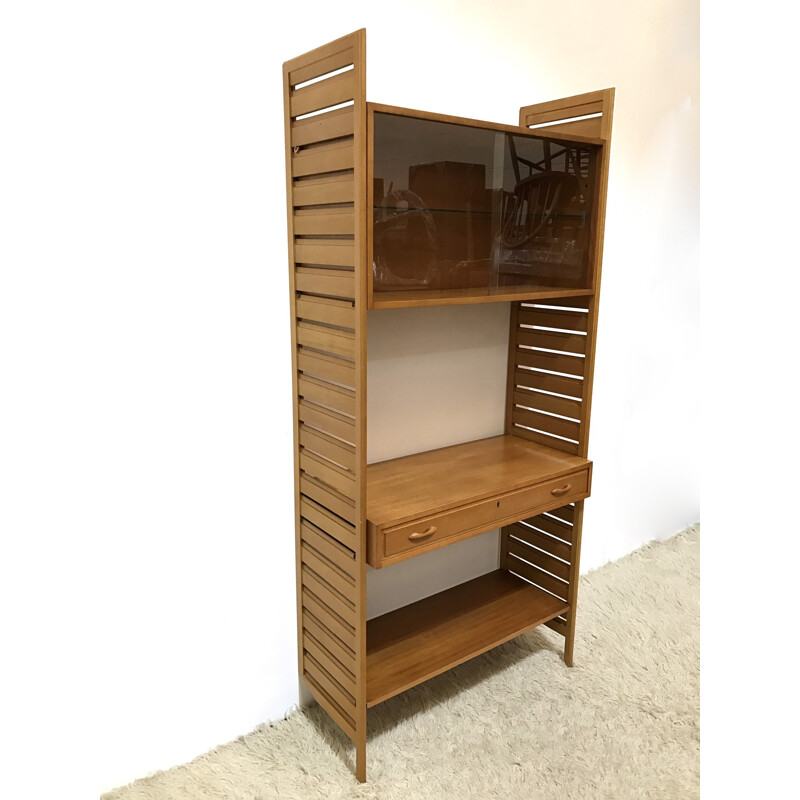Mid Century vintage teak wall shelving unit system for Staples Ladderax - 1960s