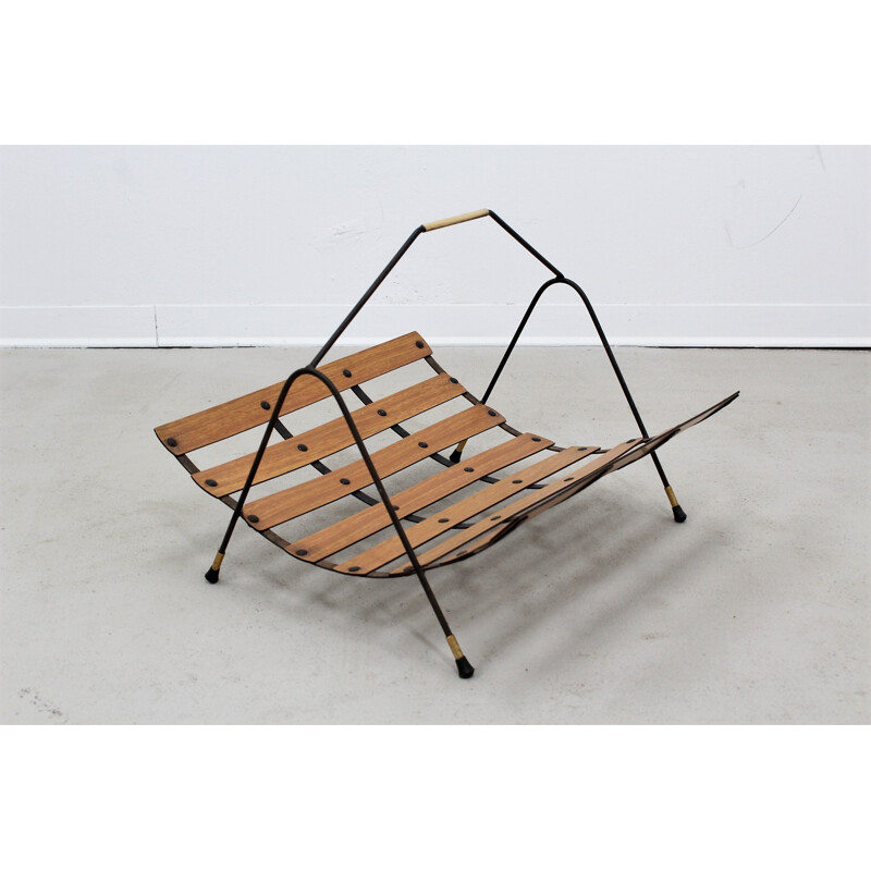 Mid-Century Italian Lacquered Metal and Teak Magazine Rack - 1950s