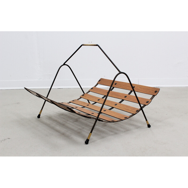 Mid-Century Italian Lacquered Metal and Teak Magazine Rack - 1950s