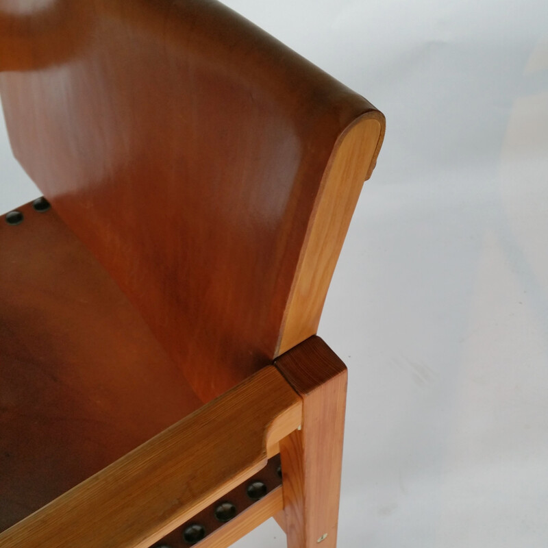Set of 4 vintage Pine & Leather armchairs - 1970s