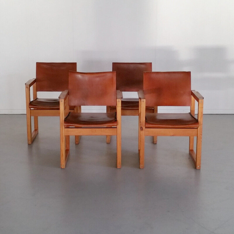 Set of 4 vintage Pine & Leather armchairs - 1970s