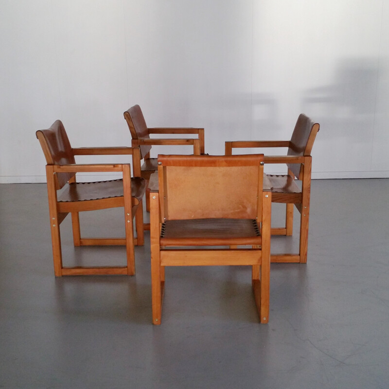 Suite de 4 fauteuils vintage en cuir et pin - 1970