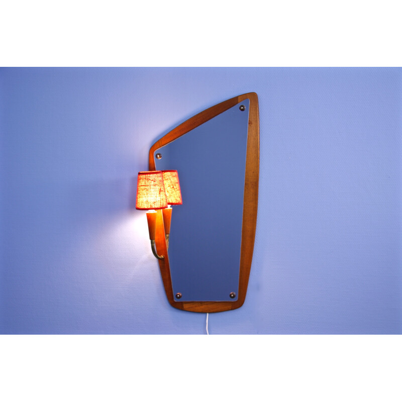 Vintage danish mirror in teak with lamp - 1960s