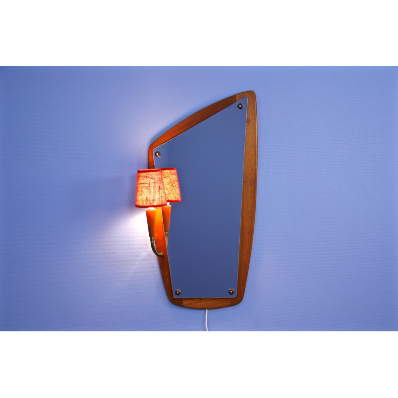 Miroir vintage danois en teck avec lampe - 1960