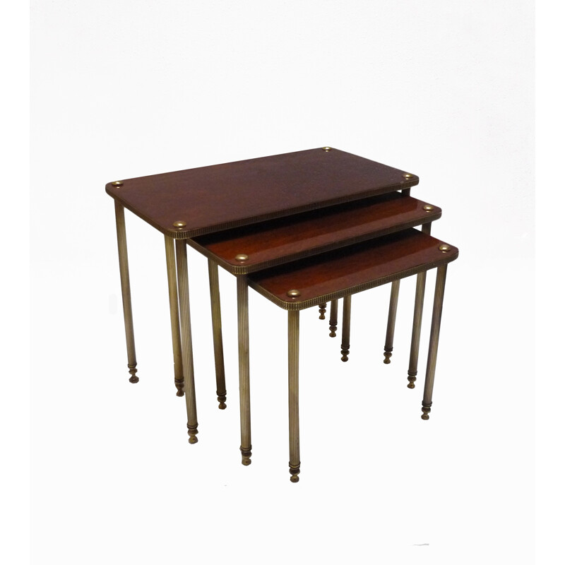 Nesting tables in solid wood and brass with fluted legs - 1950s