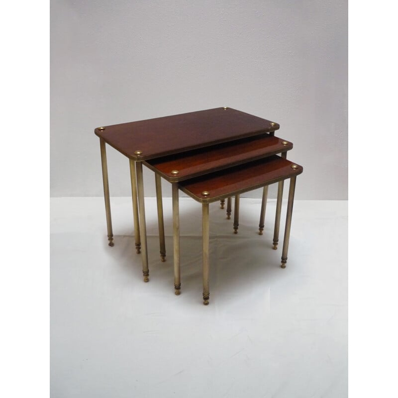 Nesting tables in solid wood and brass with fluted legs - 1950s