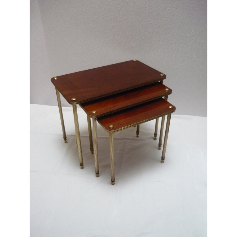 Nesting tables in solid wood and brass with fluted legs - 1950s