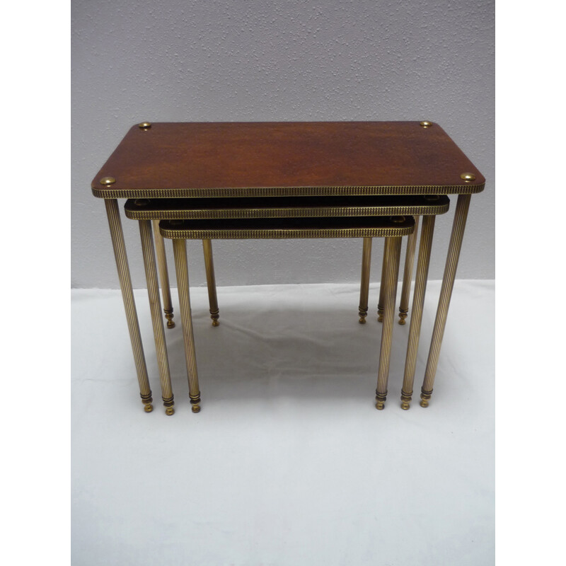 Nesting tables in solid wood and brass with fluted legs - 1950s