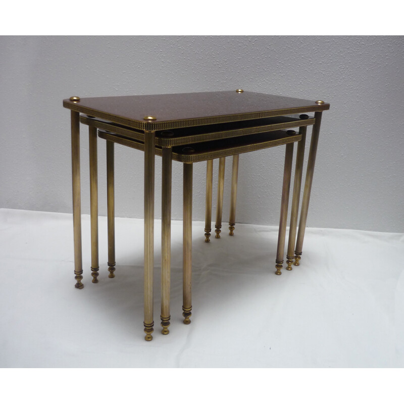 Nesting tables in solid wood and brass with fluted legs - 1950s