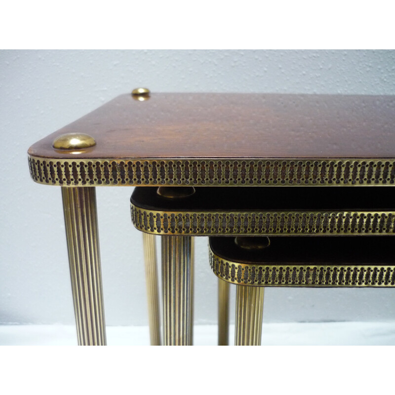 Nesting tables in solid wood and brass with fluted legs - 1950s