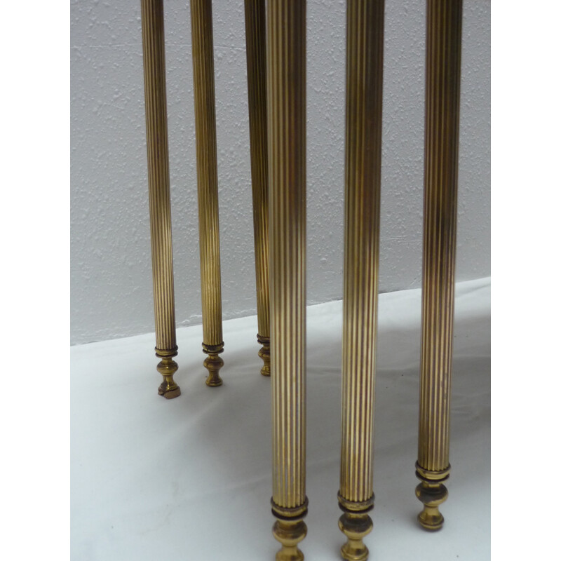 Nesting tables in solid wood and brass with fluted legs - 1950s