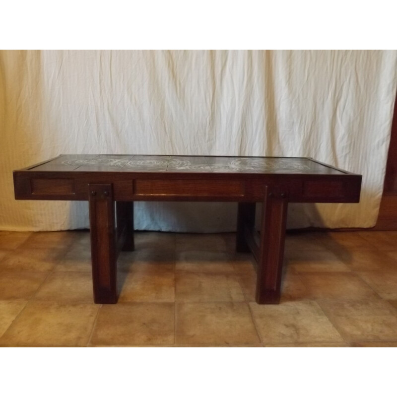 Vintage oak coffee table and tiling by Juliette Belarti - 1970s