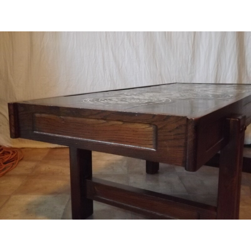 Vintage oak coffee table and tiling by Juliette Belarti - 1970s