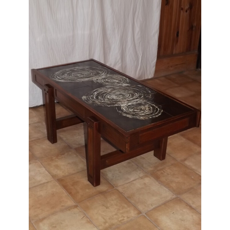 Vintage oak coffee table and tiling by Juliette Belarti - 1970s