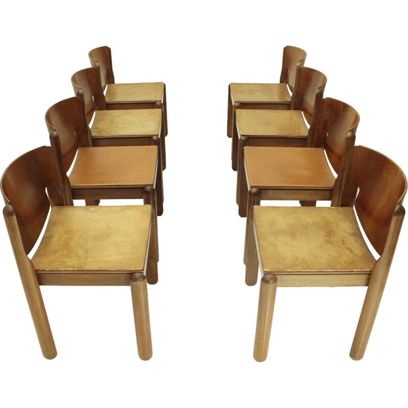 Set of 8 Mid-century Model 122 dining chairs with leather seat by Vico Magistretti for Cassina - 1960s