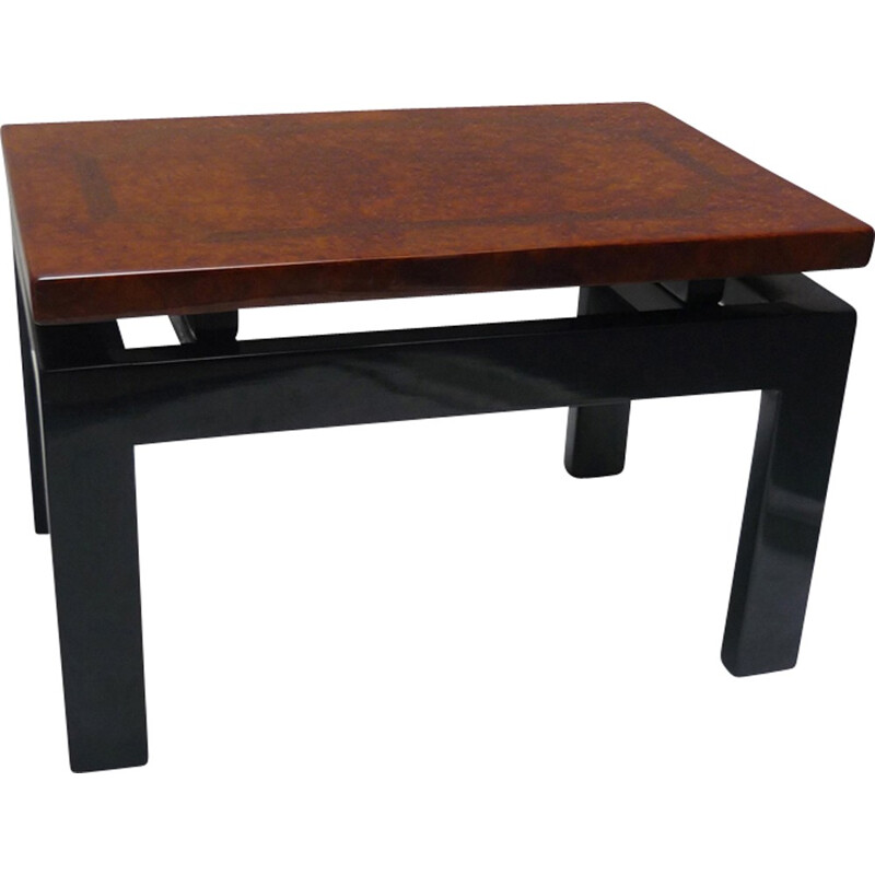 Mid-century Black lacquered coffee table and wooden top of elm and marquetry - 1980s