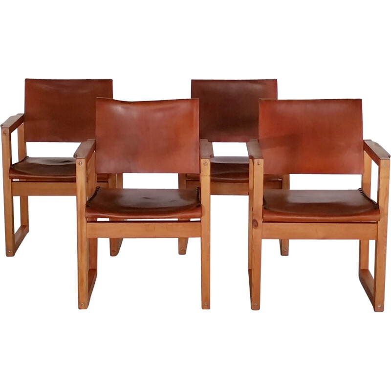 Set of 4 vintage Pine & Leather armchairs - 1970s