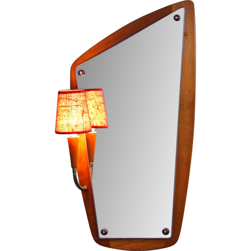 Vintage danish mirror in teak with lamp - 1960s