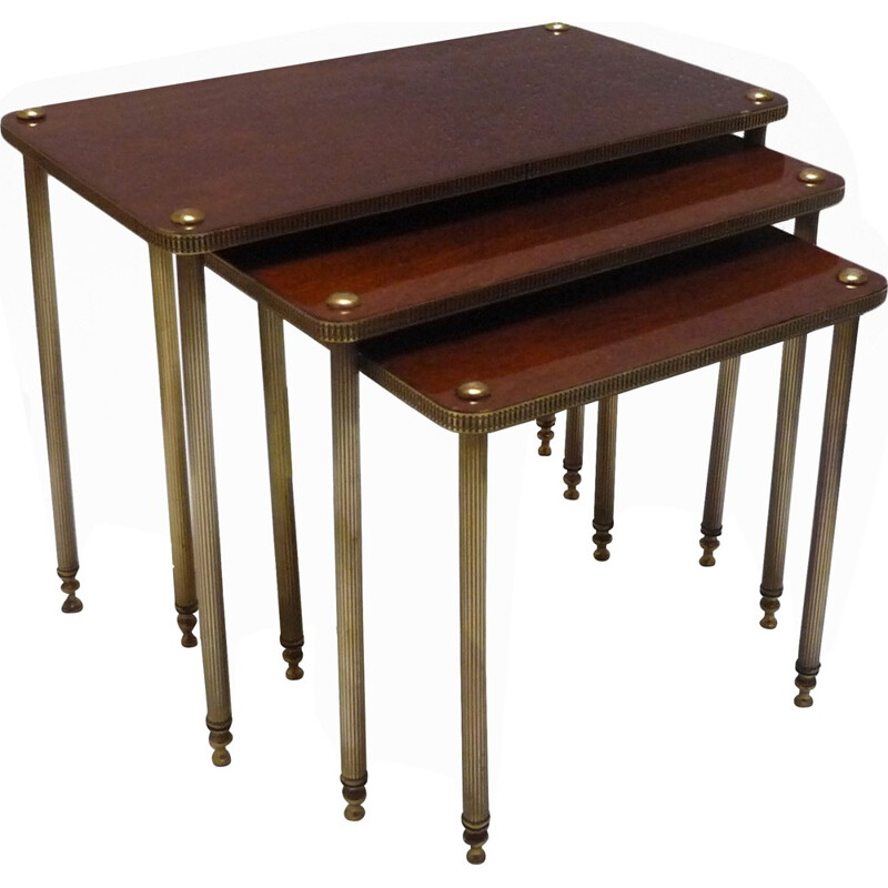 Nesting tables in solid wood and brass with fluted legs - 1950s