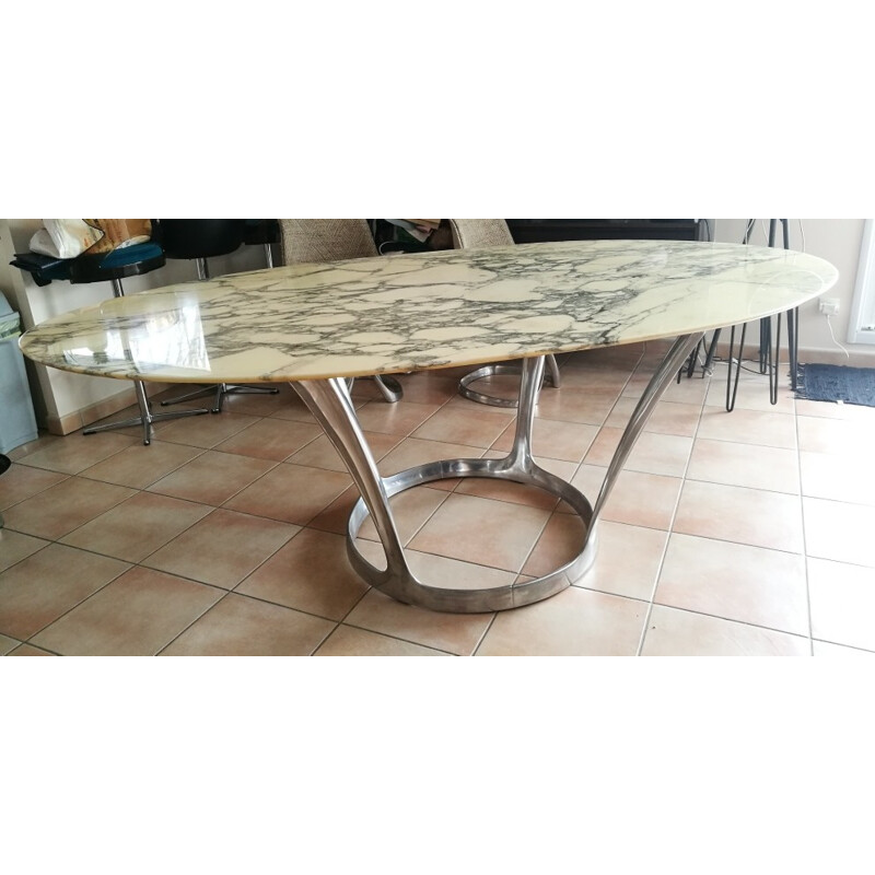 Vintage oval marble table by Michel Charron - 1970s