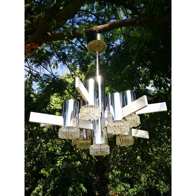 Vintage chandelier with 9 lights in chrome and brushed metal by Gaetano Sciolari - 1970s