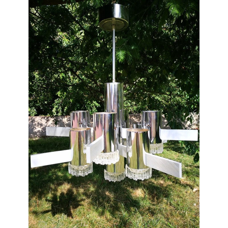 Vintage chandelier with 9 lights in chrome and brushed metal by Gaetano Sciolari - 1970s