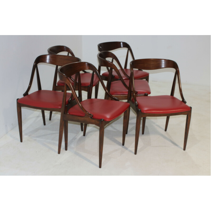 Set of 6 vintage red dining Chairs in beech by Johannes Andersen for Moreddi and Uldum - 1960s