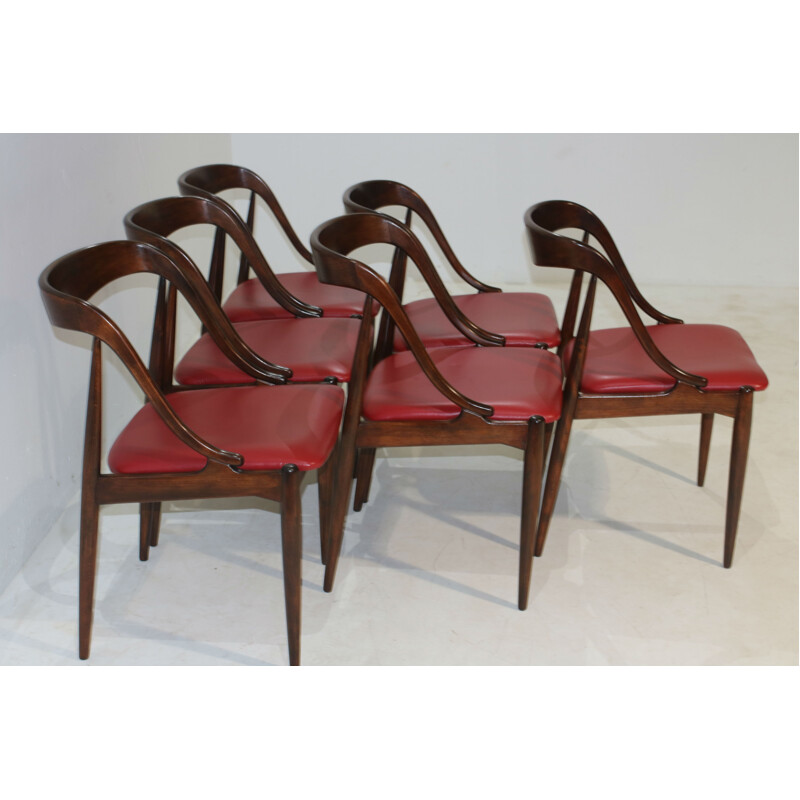 Set of 6 vintage red dining Chairs in beech by Johannes Andersen for Moreddi and Uldum - 1960s