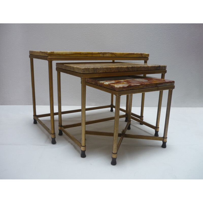 Set of 3 vintage nesting tables in gilded metal and marble - 1960s