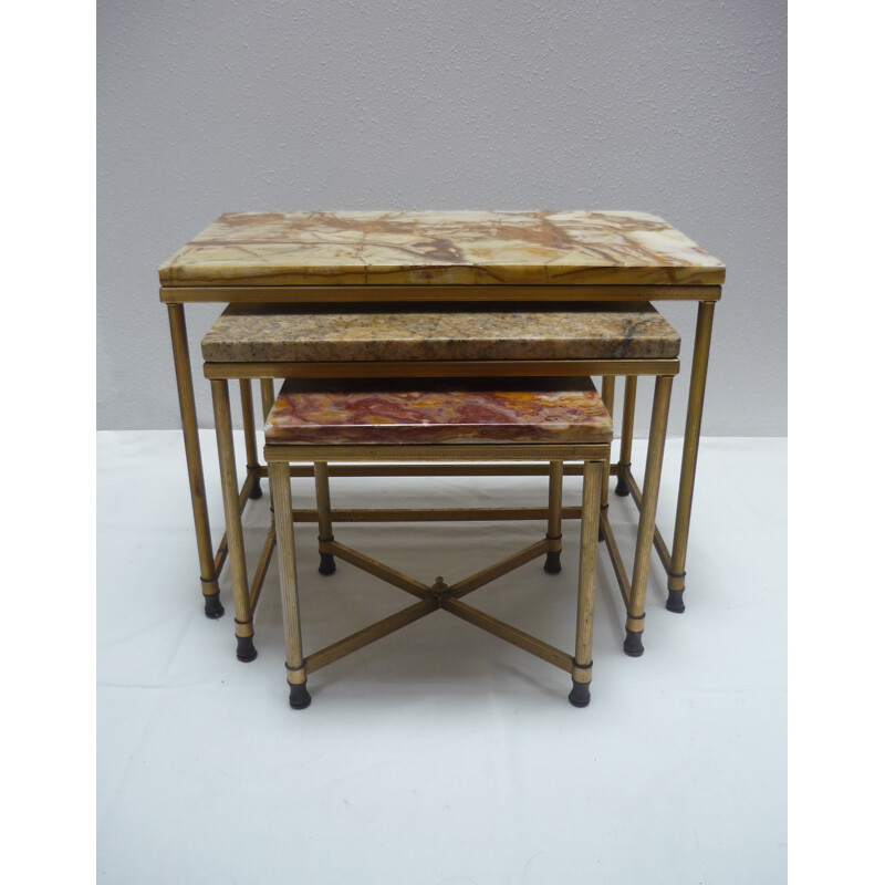 Set of 3 vintage nesting tables in gilded metal and marble - 1960s