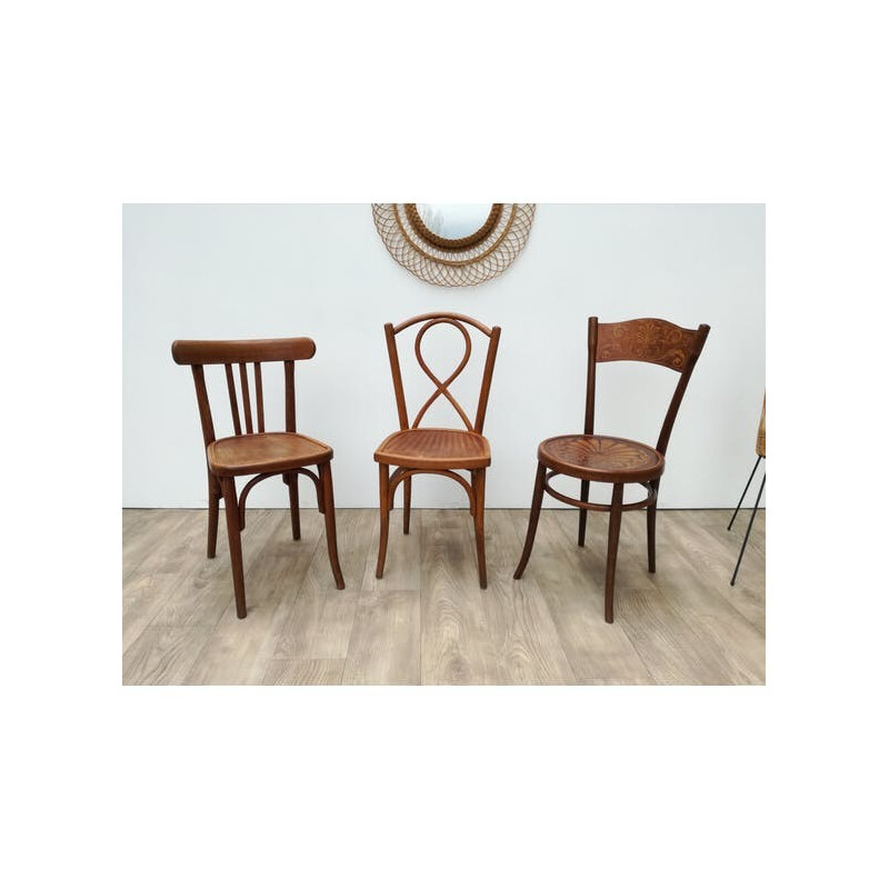 Vintage set of 3 wooden bistro chairs - 1950s