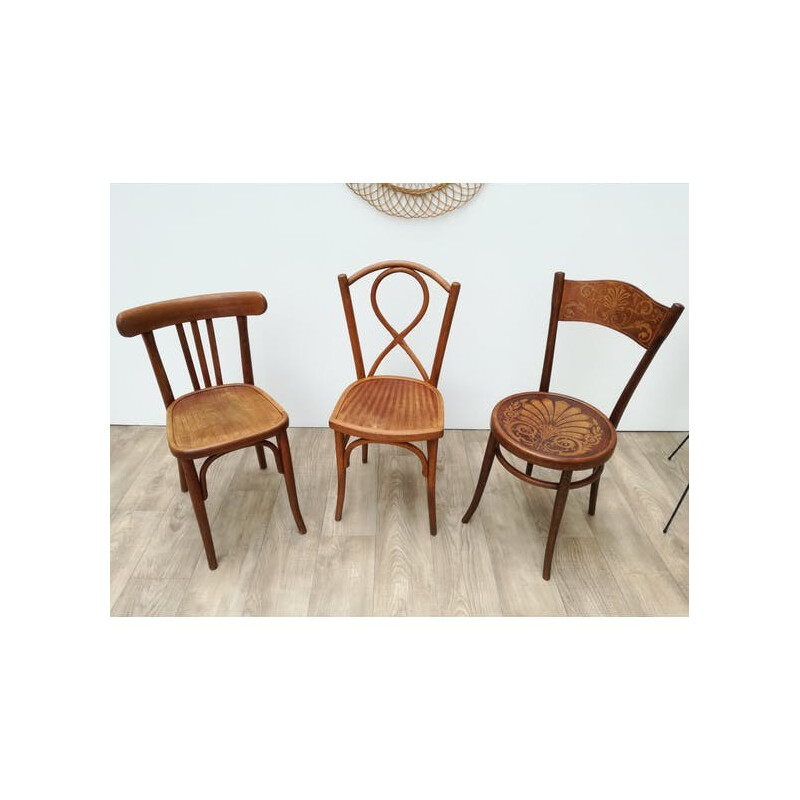 Vintage set of 3 wooden bistro chairs - 1950s