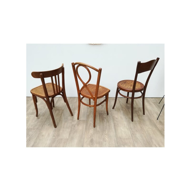 Vintage set of 3 wooden bistro chairs - 1950s