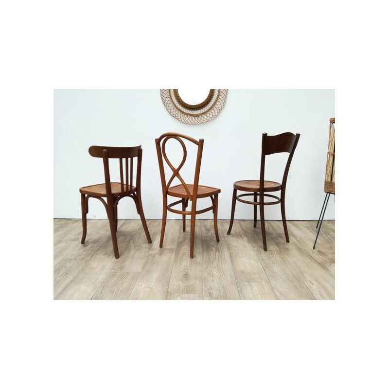 Vintage set of 3 wooden bistro chairs - 1950s