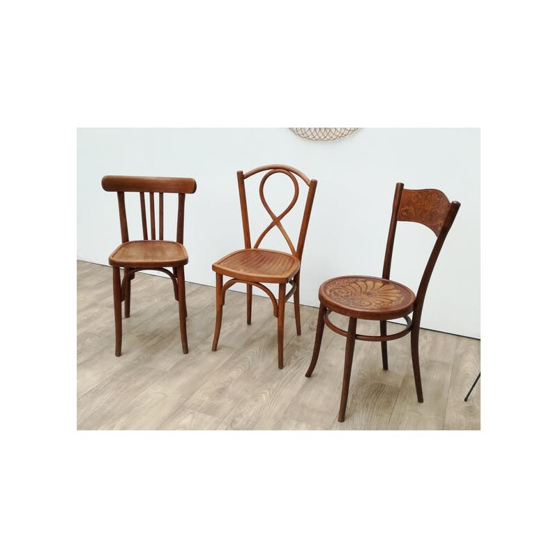 Vintage set of 3 wooden bistro chairs - 1950s