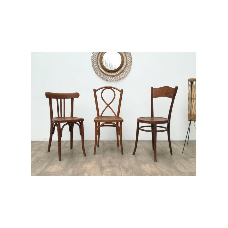 Suite de 3 chaises bistrot en bois vintage - 1950s