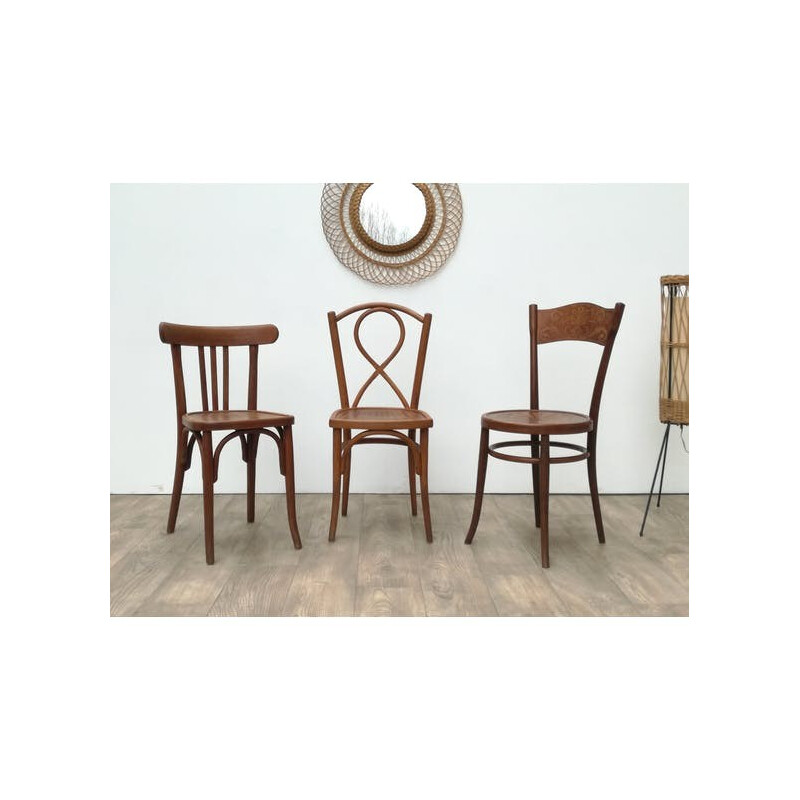 Vintage set of 3 wooden bistro chairs - 1950s