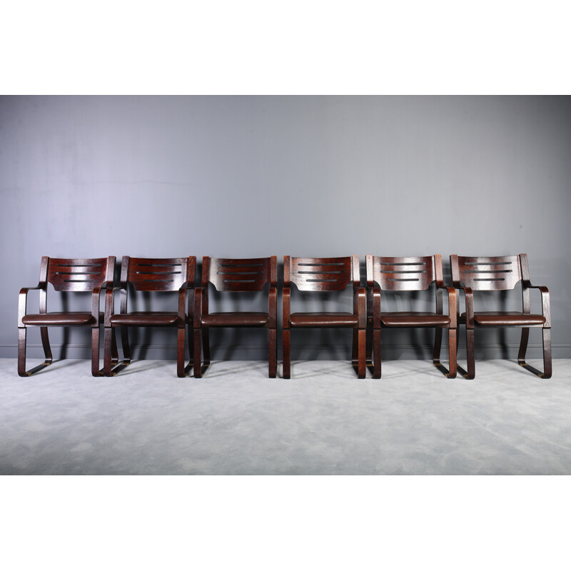 Lot de 6 chaises à repas en cuir et en bois courbé - 1960