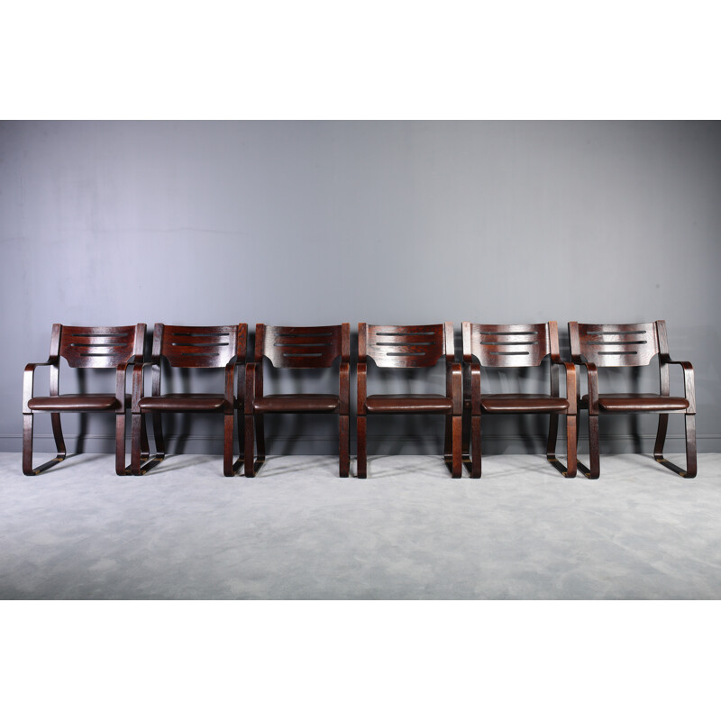 Set of 6 Leather & Bentwood Dining Chairs - 1960s