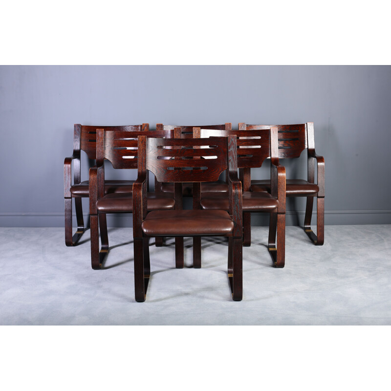 Lot de 6 chaises à repas en cuir et en bois courbé - 1960