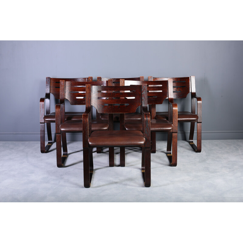 Set of 6 Leather & Bentwood Dining Chairs - 1960s