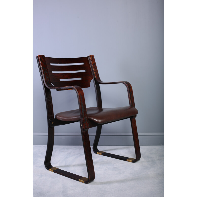Set of 6 Leather & Bentwood Dining Chairs - 1960s