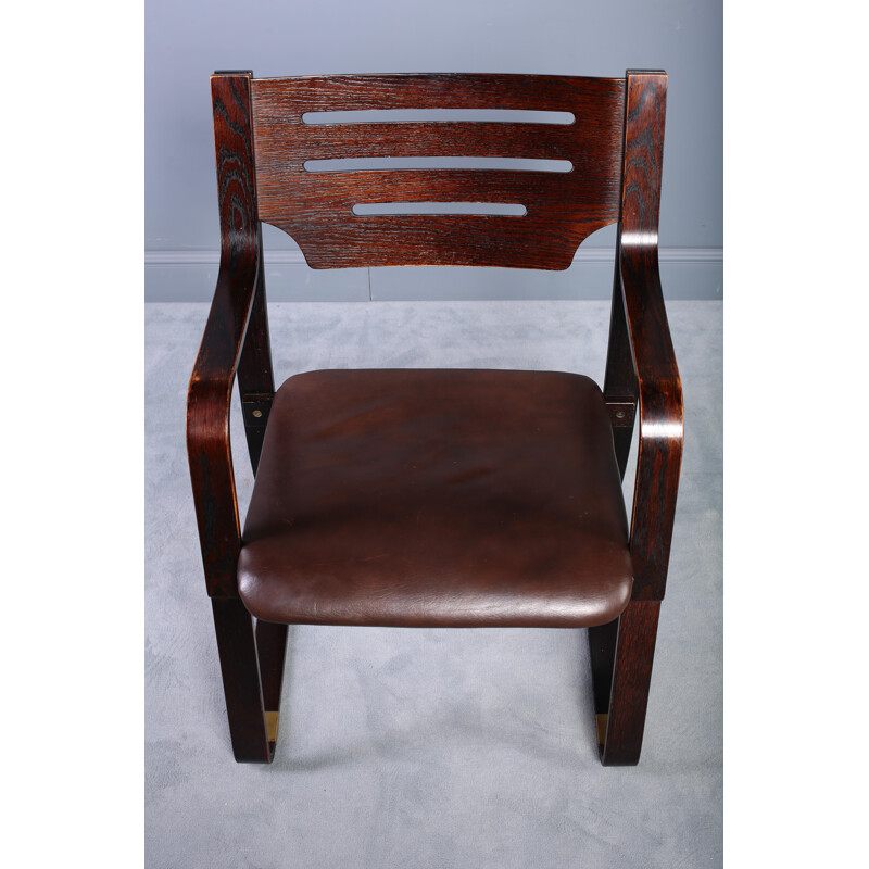 Set of 6 Leather & Bentwood Dining Chairs - 1960s