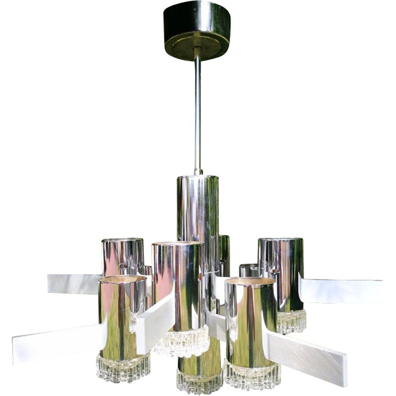 Vintage chandelier with 9 lights in chrome and brushed metal by Gaetano Sciolari - 1970s
