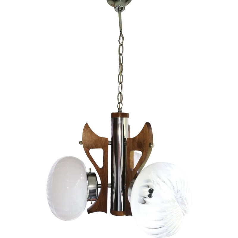 Italian chandelier with 3 glass globes in chromed steel and stained wood - 1970s
