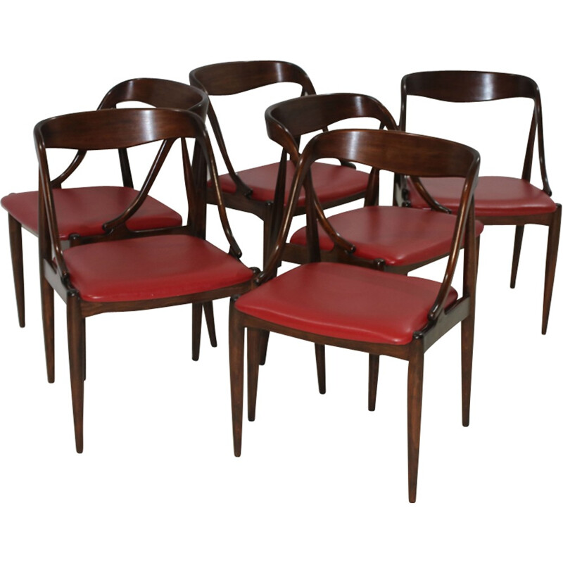 Set of 6 vintage red dining Chairs in beech by Johannes Andersen for Moreddi and Uldum - 1960s