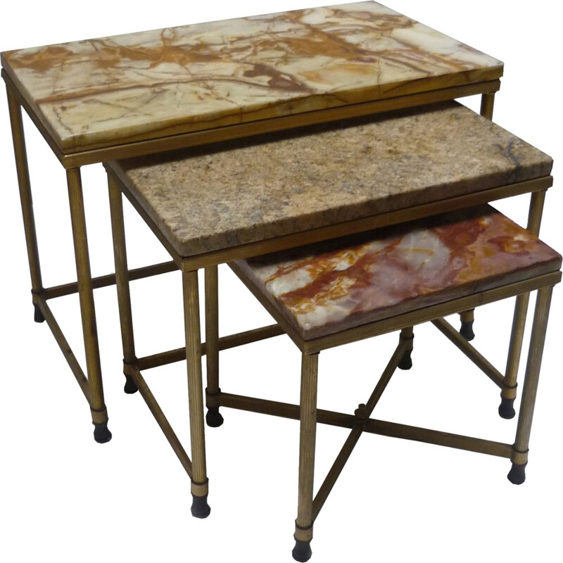 Set of 3 vintage nesting tables in gilded metal and marble - 1960s