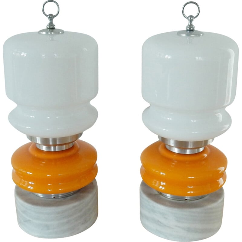 Pair of vintage orange and white glass desk lamps, 1960